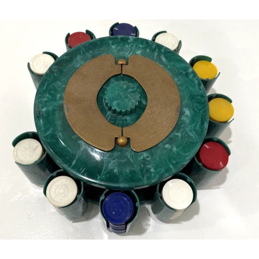 Vintage Turnit Green Marbled Poker Chip Holder Caddy Rack With Chips